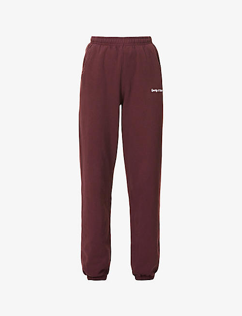 SPORTY & RICH: Logo-embroidered tapered-leg high-rise cotton-blend jogging bottoms