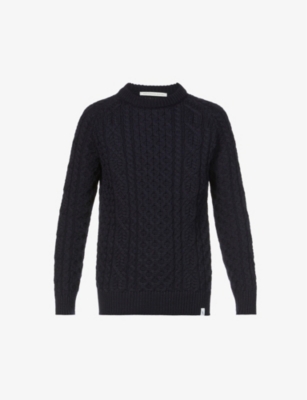 Peregrine Funky Cableknit Wool Jumper In Navy Multi ModeSens