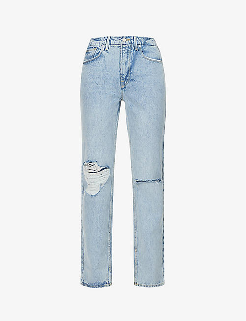 GOOD AMERICAN: Good Icon distressed straight-leg high-rise denim jeans