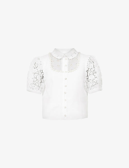 SELF-PORTRAIT: Embellished puff-sleeved crepe and crochet lace top
