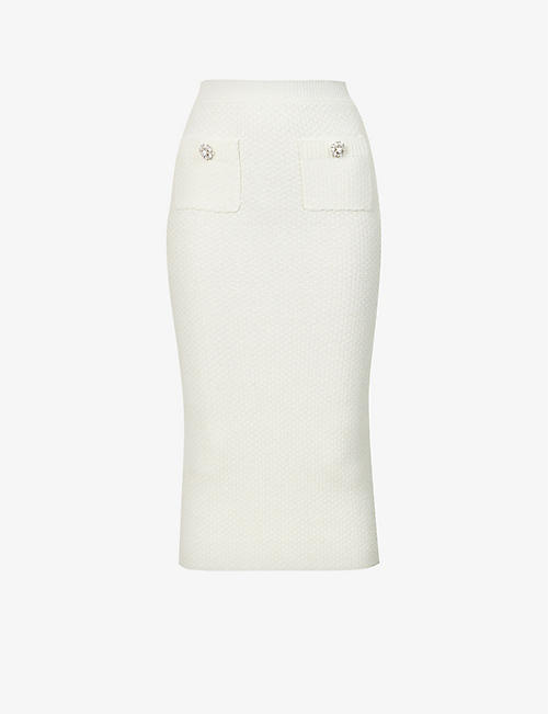 SELF-PORTRAIT: Pearl-embellished high-rise cotton-blend midi skirt