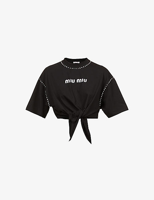 MIU MIU: Embellished logo-print cotton-jersey T-shirt