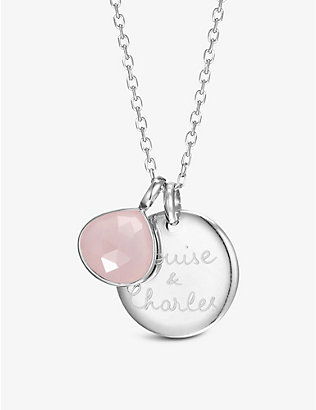 MERCI MAMAN: Personalised Gemstone 18ct-yellow gold-plated sterling-silver and rose chalcedony pendant necklace