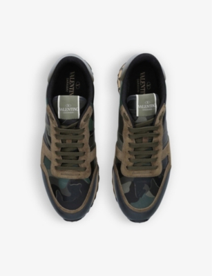 Shop Valentino Garavani Men's Green Rockrunner Camouflage-print Leather And Suede Low-top Trainers