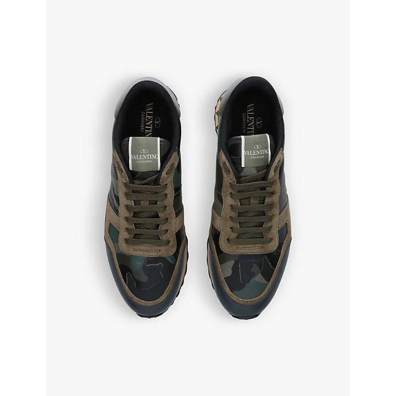 Shop Valentino Garavani Men's Green Rockrunner Camouflage-print Leather And Suede Low-top Trainers