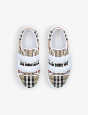 Shop Burberry Boys Beige Comb Kids Mark Checked Canvas Low-top Trainers 5-9 Years