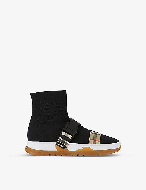 BURBERRY: Union checked-strap stretch-knit boots 3-5 years