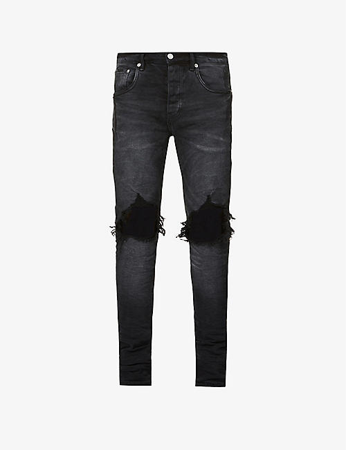PURPLE DENIM: Black Wash Blowout skinny stretch-denim jeans