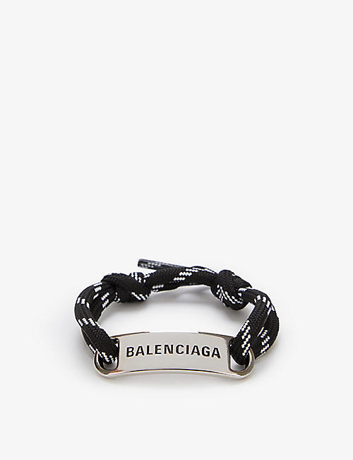 BALENCIAGA: Logo-plaque cotton-blend and silver-toned brass bracelet