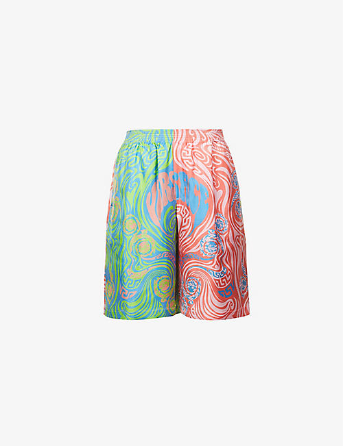 VERSACE: Psychedelic brand-print silk shorts