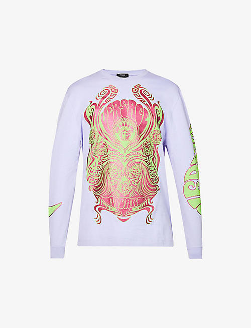 VERSACE: Psychedelic brand-print cotton-jersey top