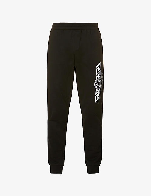 VERSACE: Graphic-print tapered cotton-jersey jogging bottoms