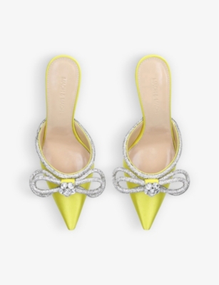 MACH & MACH Double Bow crystal-embellished satin heeled mules