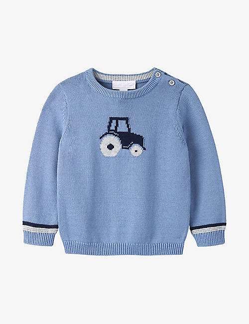THE LITTLE WHITE COMPANY: Tractor-intarsia cotton jumper 0-24 months