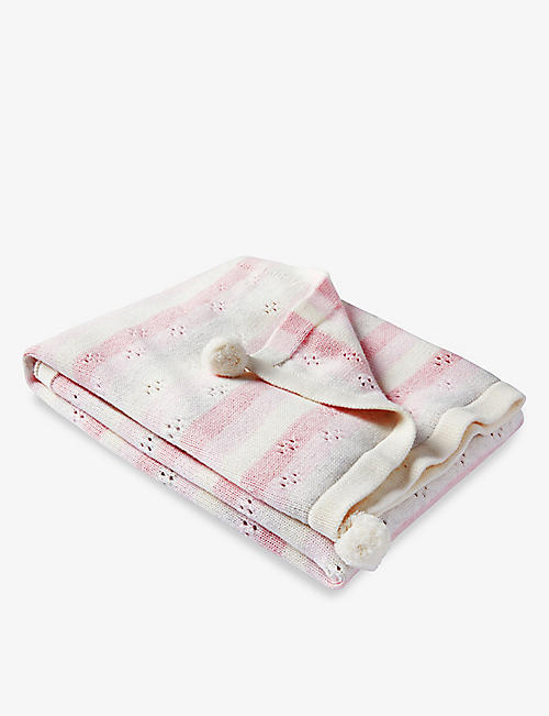 THE LITTLE WHITE COMPANY: Striped pom-pom cotton and cashmere-blend baby blanket 75cm x 100cm
