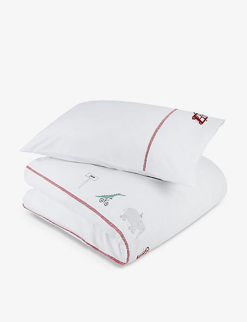 THE LITTLE WHITE COMPANY: London Animal bus-embroidered organic-cotton single-bed set