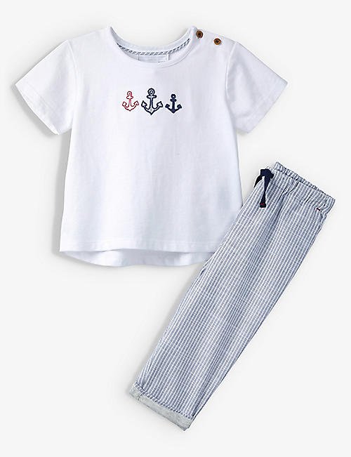 THE LITTLE WHITE COMPANY: Anchor embroidered cotton T-shirt and trousers set 2-6 years