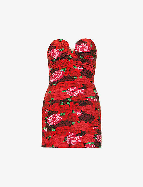MAGDA BUTRYM: Floral-print strapless silk-crepe mini dress