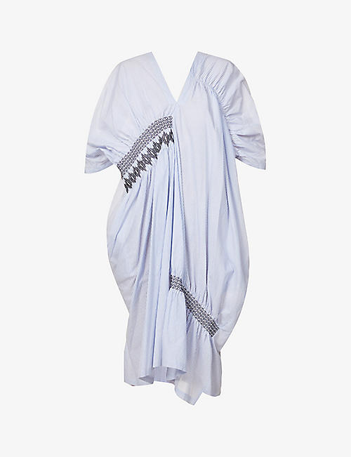YS: Striped gathered cotton-poplin midi dress