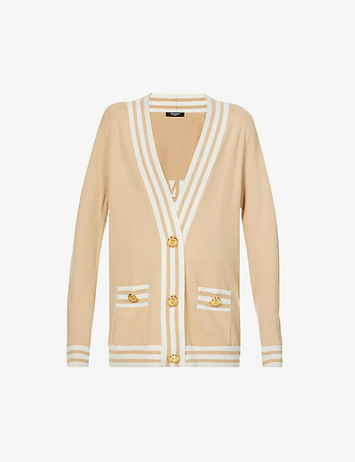 BALMAIN: Logo-embroidered wool and cashmere-blend cardigan