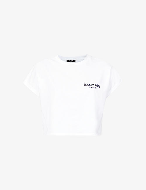 BALMAIN: Logo-print cropped cotton-jersey T-shirt