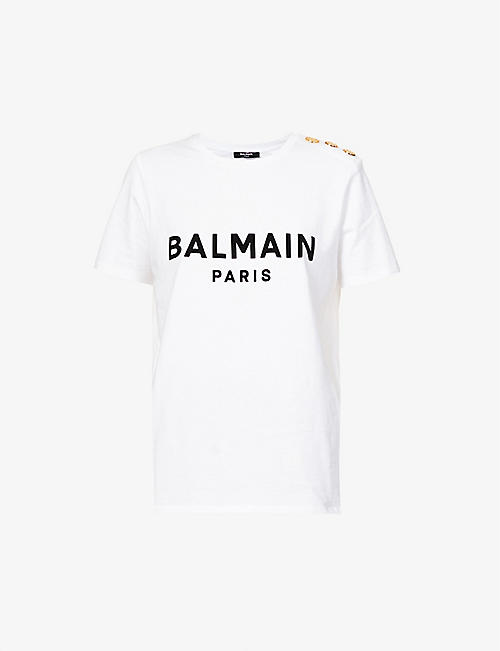 BALMAIN: Logo-flocked cotton-jersey T-shirt