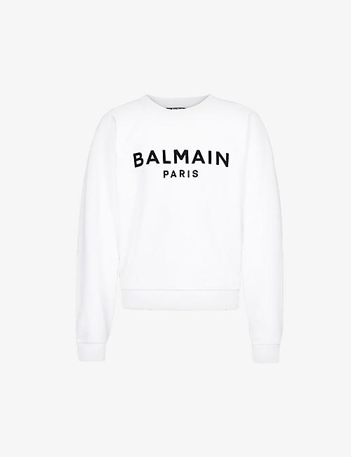 BALMAIN: Logo-flocked cotton-jersey sweatshirt