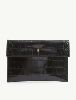 Shop Alexander Mcqueen Skull-embellished Croc-embossed Leather Envelope Pouch In Black