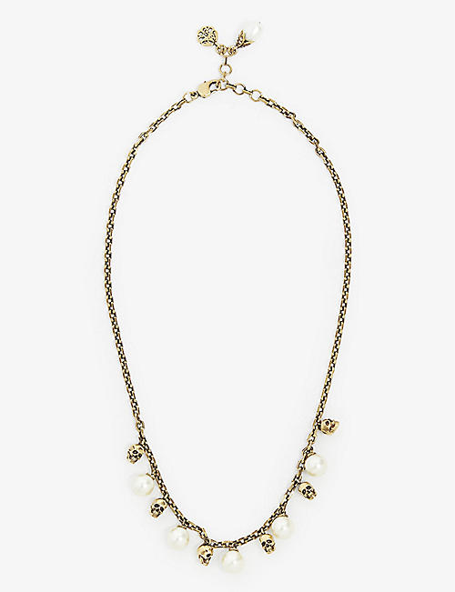 ALEXANDER MCQUEEN: Skull gold-tone brass and faux-pearl necklace