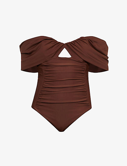 SELF-PORTRAIT: Off-the-shoulder stretch-recycled polyamide swimsuit