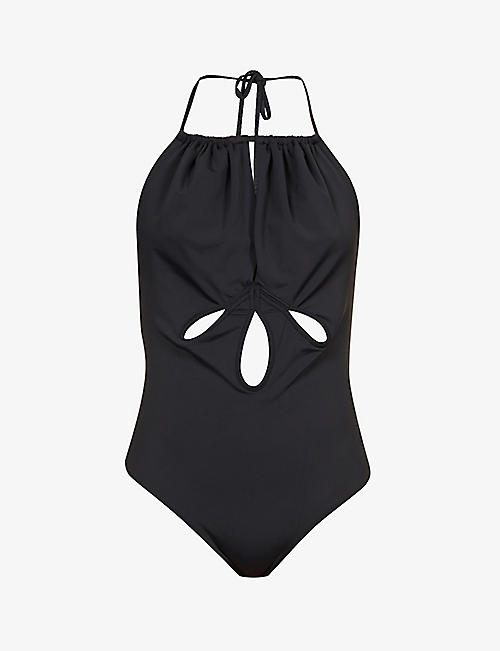 SELF PORTRAIT: Cut-out halterneck stretch-recycled polyamide swimsuit