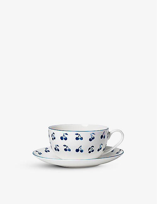 ALICE PETO: Cherry-print bone-china cup and saucer set