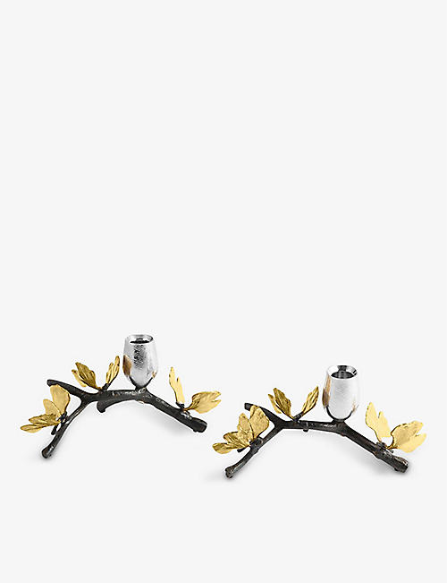 MICHAEL ARAM: Butterfly Gingko nickel-plate and brass candle holders set of two