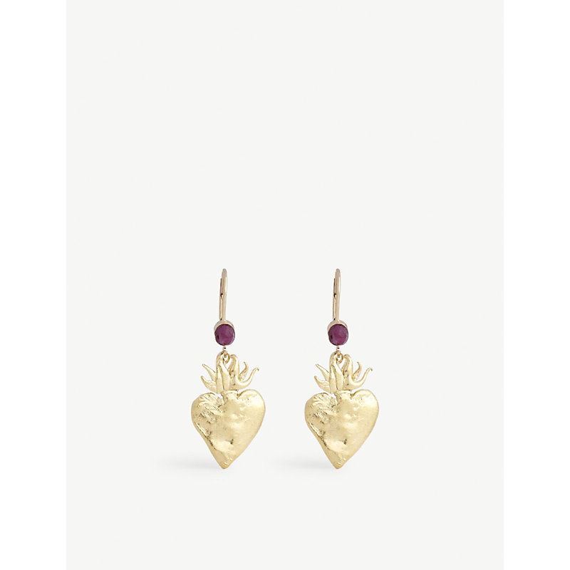 A South London Makers Market Womens Roo Red Exclusive Musée Roo Burning Heart 18ct Yellow Gold-plated Brass And Ruby Drop Earring