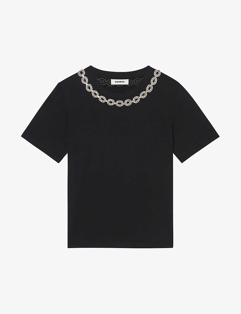 Shop Sandro Women's Noir / Gris Embroidered Rhinestone-embellished Cotton-jersey T-shirt