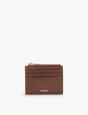 Sandro Mens Bruns Logo-embossed Zipped Leather Card Holder In Brown