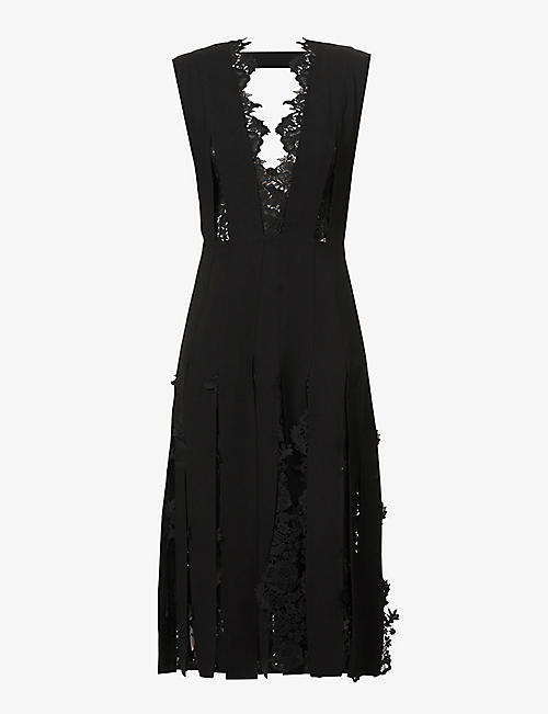 MONSE: Embroidered-trim plunge-neck stretch-crepe and lace midi dress