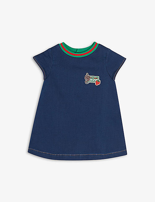 GUCCI: Strawberry logo-embroidered cotton-blend dress 6-36 months