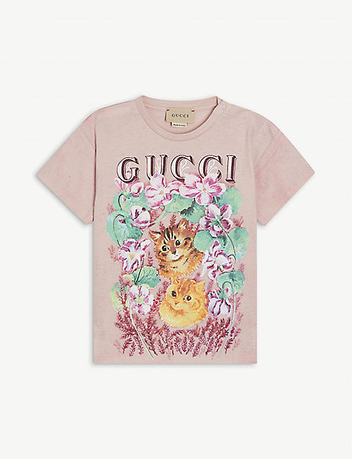 GUCCI: Cat-print cotton T-shirt 6-36 months