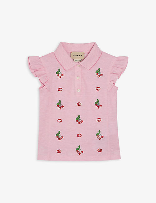 GUCCI: Cherry-embroidered cotton polo shirt 9-36 months
