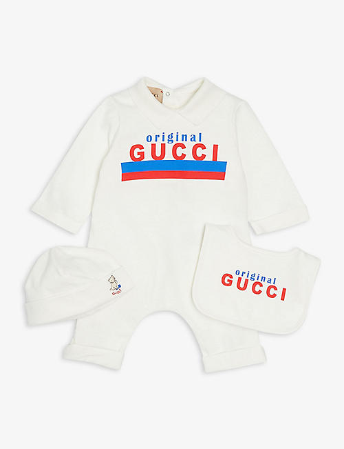 GUCCI: Logo-print cotton three-piece baby set 0-6 months