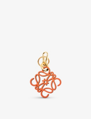 Loewe Anagram Leather And Brass Charm In Orange/gold
