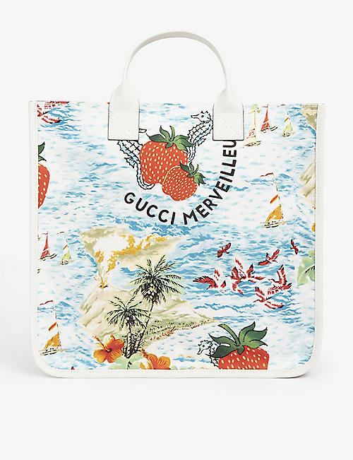 GUCCI: Kids strawberry-print recycled-nylon tote bag