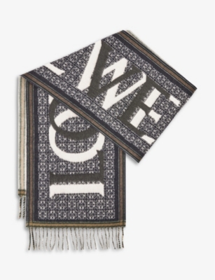 Loewe Womens Navy Blue Logo-intarsia Wool And Cashmere-blend Scarf In Navy Blue