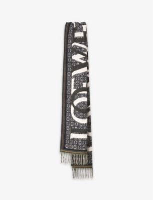 Shop Loewe Women's Navy Blue Logo-intarsia Wool And Cashmere-blend Scarf