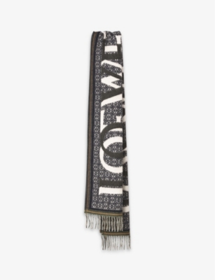 Loewe Womens Navy Blue Logo-intarsia Wool And Cashmere-blend Scarf In Navy Blue