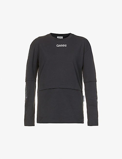 GANNI: Brand-print long-sleeved organic-cotton T-shirt