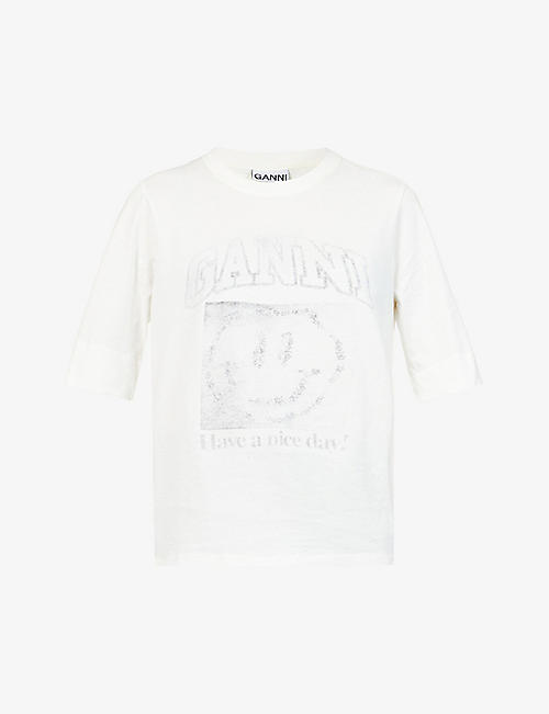 GANNI: Smiley graphic-print organic-cotton T-shirt