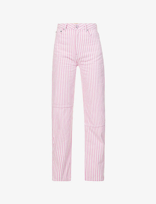 GANNI: Striped tapered high-rise organic-cotton jeans