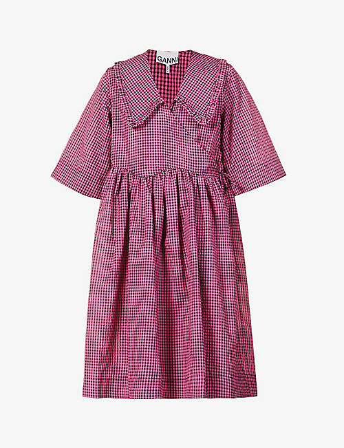 GANNI: Checked seersucker organic cotton-blend crepe midi dress